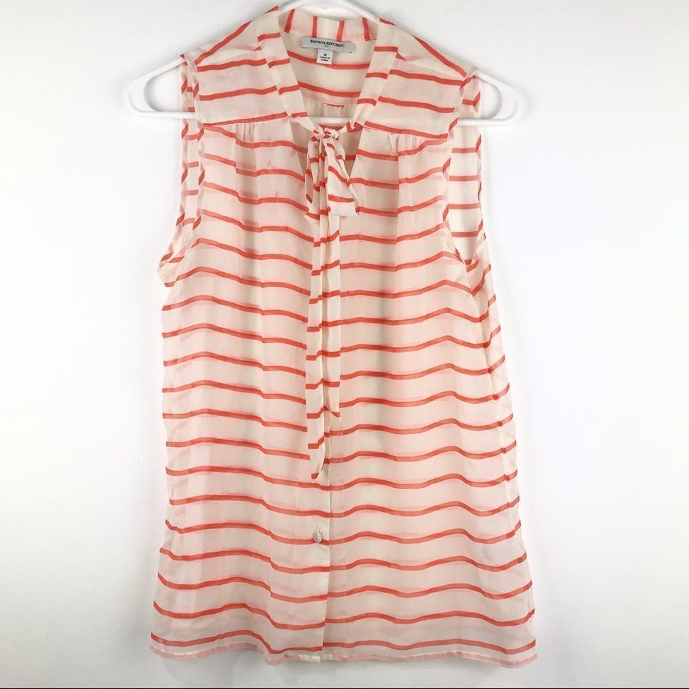Banana Republic Sleeveless Orange Striped Tie Neck Blouse